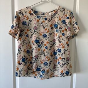 Floral Short-Sleeve Blouse in Cream with Blue & Pink Accents